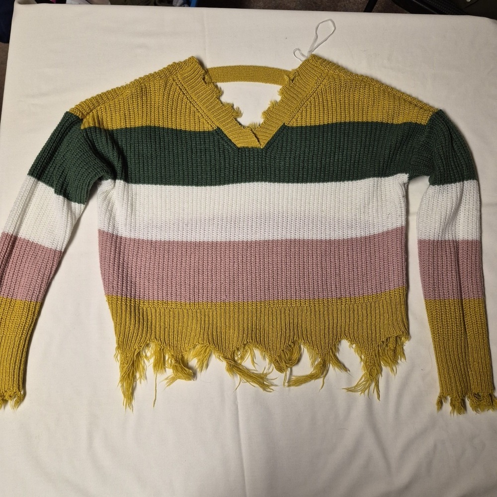 Full Circle Trends Womens Medium Distressed Striped Shaker Knit Sweater Mustard
